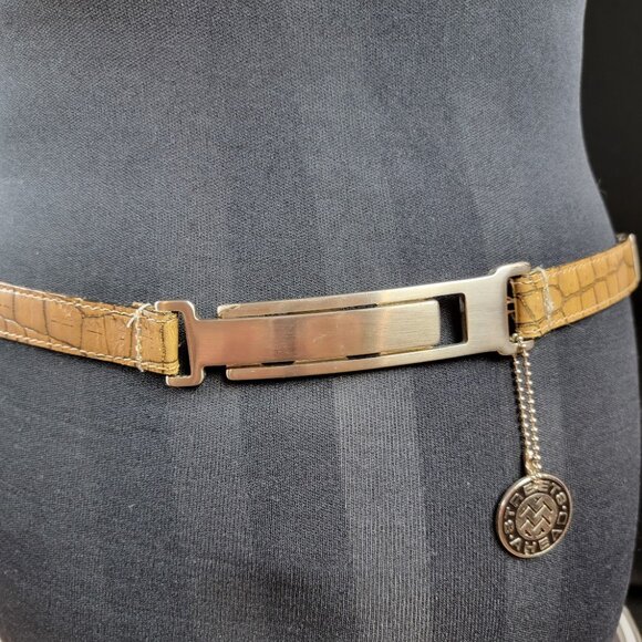 Streets Ahead Croc Embossed Leather Belt w/ Fibel Italian Buckle | Tan & Brown - Picture 3 of 11